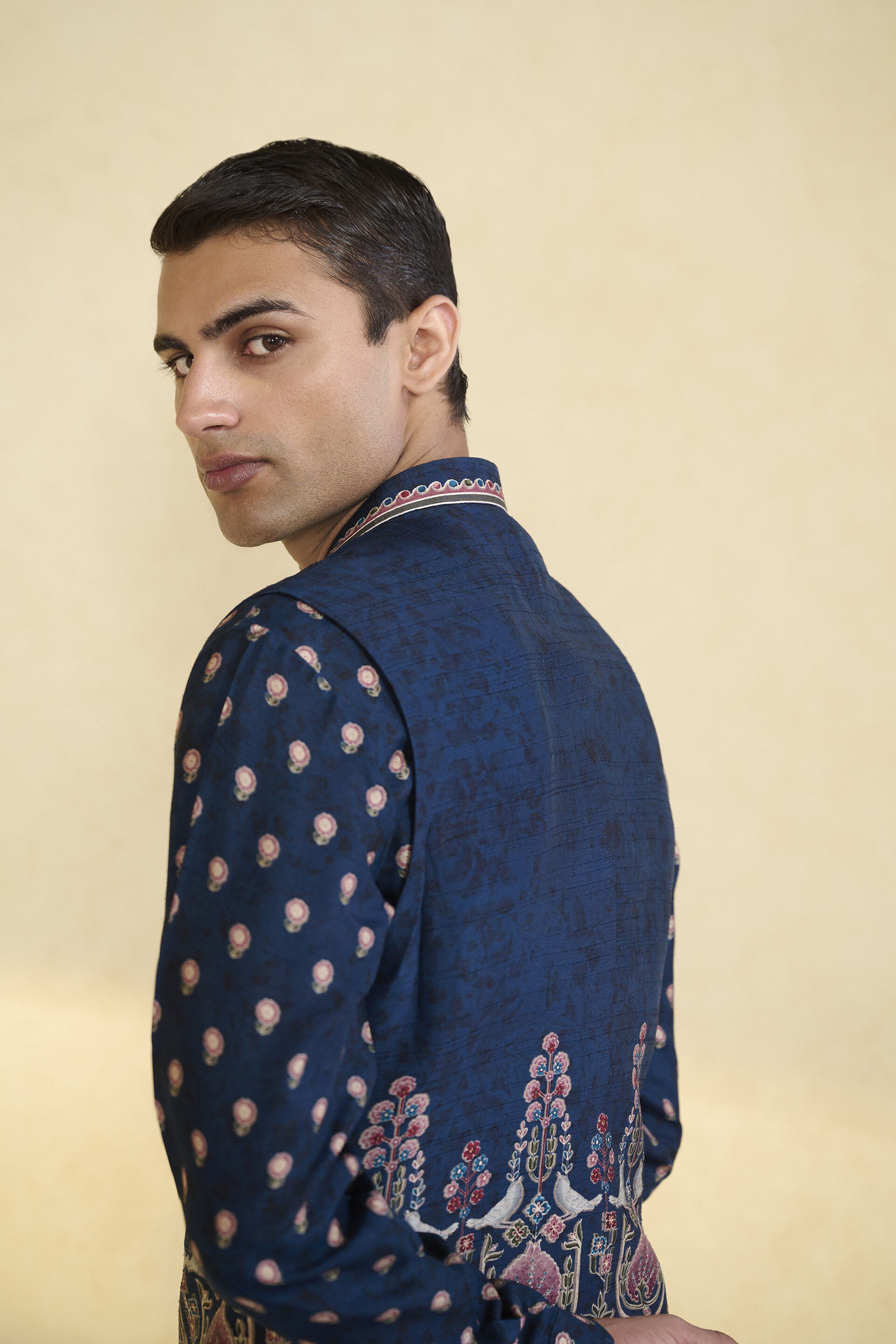 Azraq Printed Silk Nehru Jacket - Indigo, Indigo, image 6